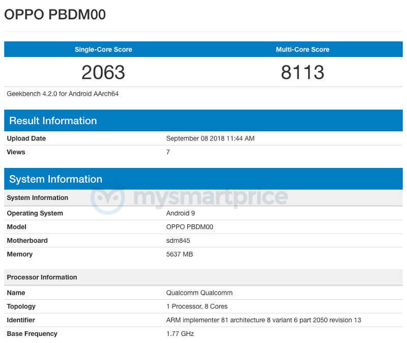 OPPO PBDM00 xuât hiên vơi Snapdragon 845, chay Android 9 Pie - Hình 1