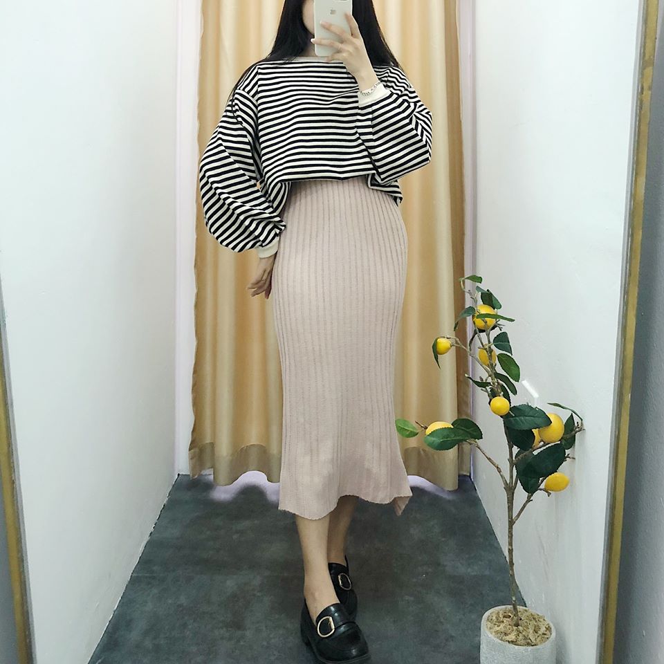 MS969 Chân váy midi len xoè kẻ ngang chân váy len dài Quảng Châu  Phu  Linh  Fashion  More