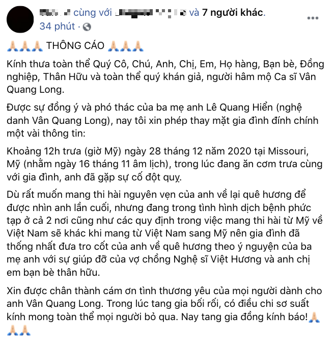 Đại diện gia đình đính chính thời gian, địa điểm NS Vân Quang Long qua đời, thông báo về lễ an táng thi hài nam ca sĩ - Hình 1