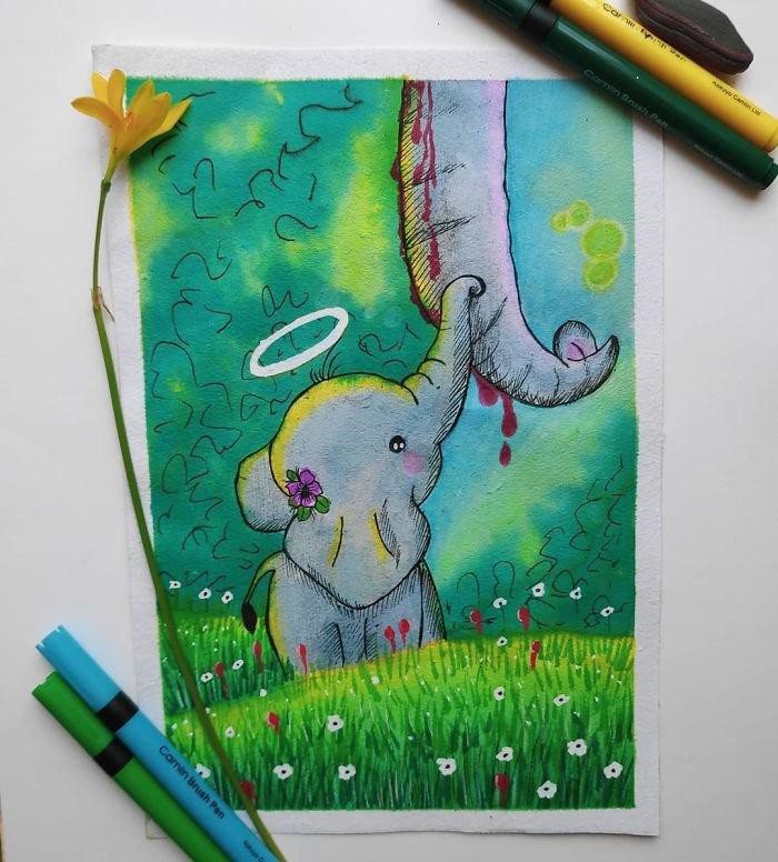 Xúc động với những bức tranh tưởng niệm voi mẹ chết thảm tại Ấn Độ - Hình 27