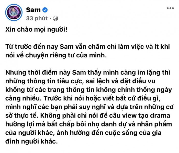 Sam lên tiếng về tin đồn cặp kè ông trùm Điền Quân và ăn chặn tiền từ thiện - Hình 1