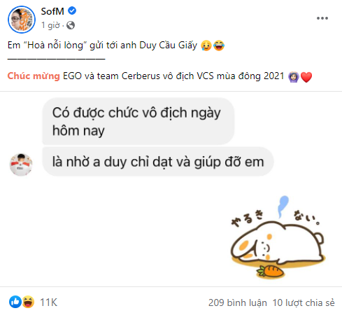 EGO gửi lời cảm ơn SofM sau chức vô địch VCS Mùa Đông 2021, nhưng Thần rừng Việt Nam phải thanh minh gấp 1 điều - Hình 3