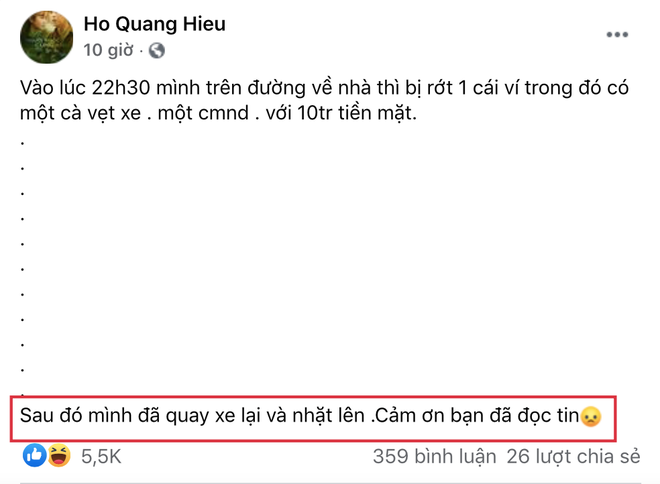 Hồ Quang Hiếu kể chuyện bị rơi ví và mất mười triệu đồng nhưng dân tình lại giận tím người? - Hình 1