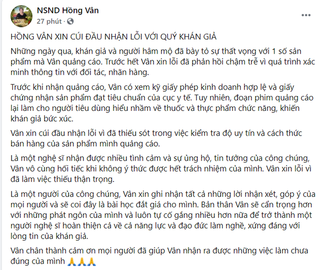Hồng Vân cúi đầu xin lỗi khán giả vụ PR bẩn, bị bà Phương Hằng từng chỉ ra trong livestream - Hình 1