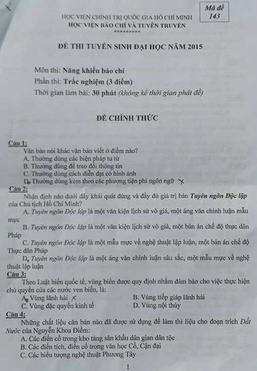 Tổng hợp đề thi Năng khiếu báo chí - Học viện Báo chí và Tuyên truyền từ năm 2015 đến nay - Hình 1