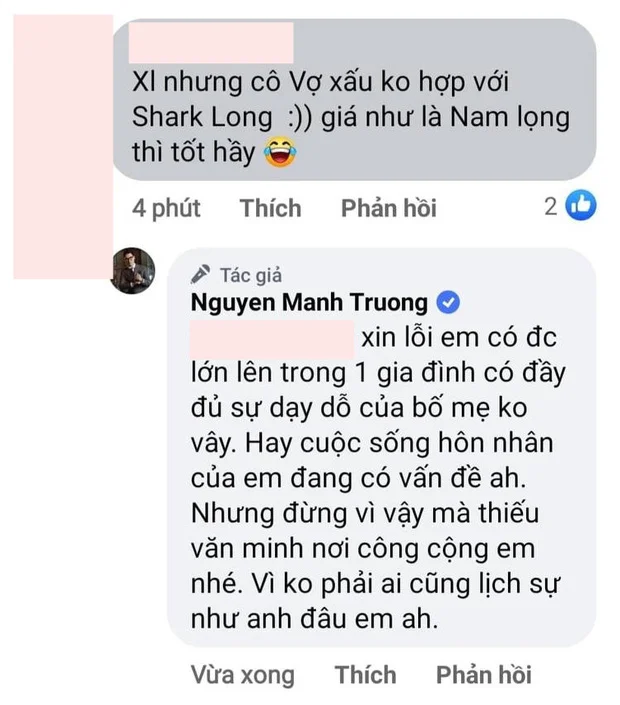 Mạnh Trường Shark Long mắng khán giả khi vợ bị chê xấu hơn Phương Oanh - Hình 4