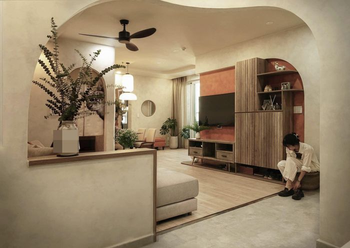 Căn hộ 75m2 phong cách Wabi-sabi tạo không gian mở bằng vách cong - Hình 4