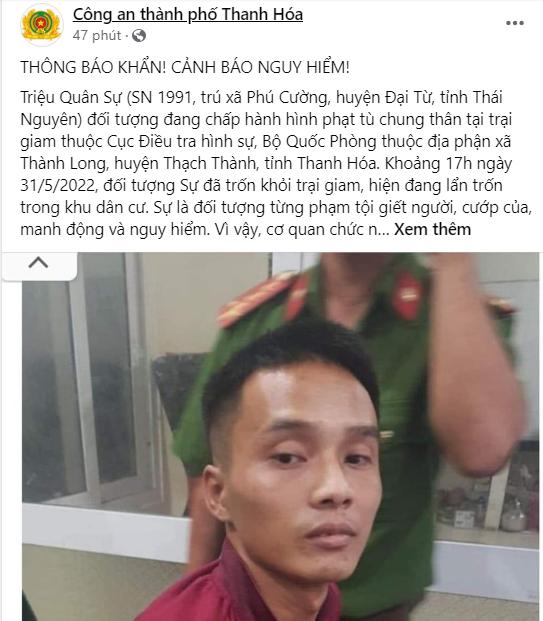 Triệu Quân Sự tiếp tục trốn trại, mức độ nguy hiểm đáng báo động - Hình 1
