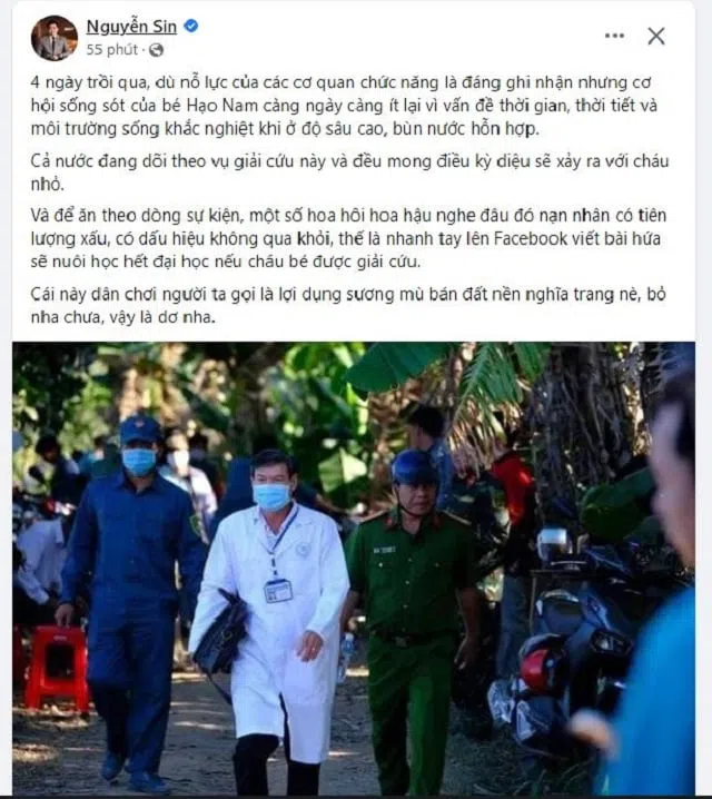‘Hiệp sĩ’ Nguyễn Sin có bình luận phản bác loạt người nổi tiếng hứa tài trợ bé Hạo Nam