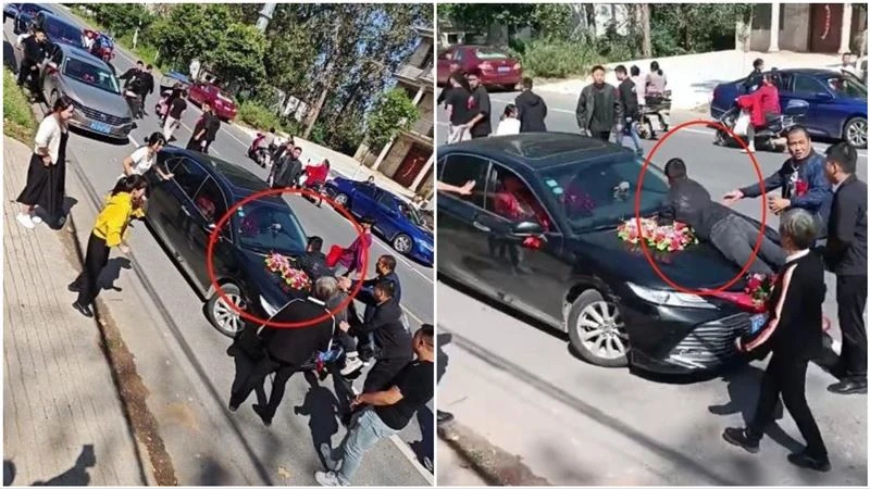 Anh trai cô dâu nằm bò trên xe hoa đòi tiề.n sính lễ, công an phải vào cuộc - Hình 1