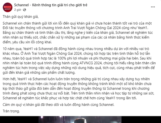 Ba thành viên SChannel xin lỗi vì đụng chạm Anh trai vượt ngàn chông gai - Hình 1