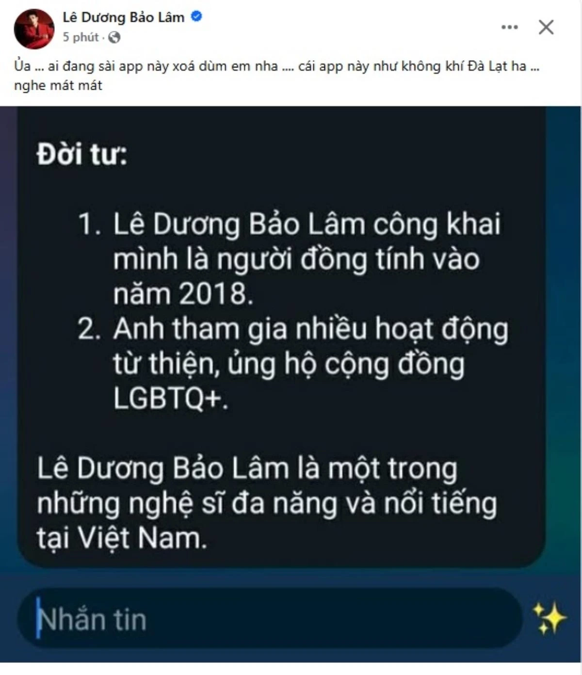 Lê Dương Bảo Lâm sốc vì bị lan truyền thông tin là người đồng tính, xin 1 điều - Hình 1