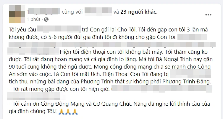 Mẹ ruột Angela Phương Trinh: Con tôi mất tích, điện thoại đang bị tịch thu, những bài đăng thật sự không phải Phương Trinh đăng - Hình 1