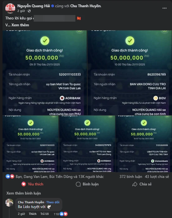 Quang Hải ủng hộ gấp 4 tỉnh miền Trung bị lũ lụt, con số khiến CĐM dậy sóng - Hình 2