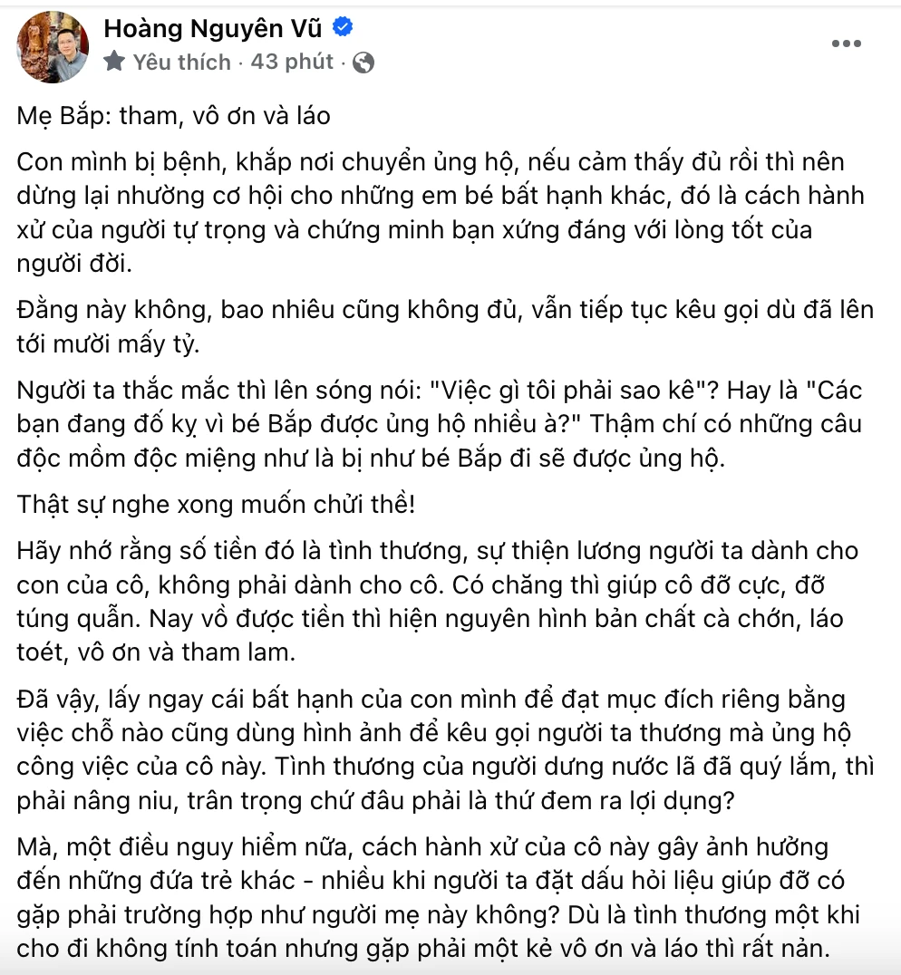Hoàng Nguyên Vũ vào cuộc vụ mẹ bé Bắp, viết sớ dài thẳng mặt nói tham lam - Hình 3