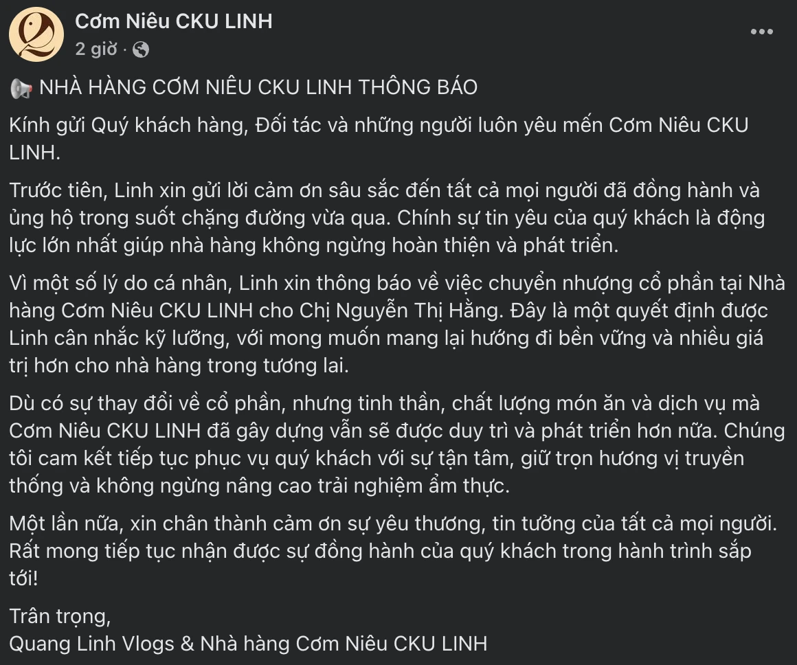 Quang Linh chuyển nhượng cổ phần quán cơm niêu sau 2 tháng, bỏ trốn Việt Nam - Hình 2