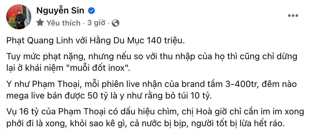 Nguyễn Sin bất bình mức phạt 140 triệu của Quang Linh, réo tên Phạm Thoại - Hình 2