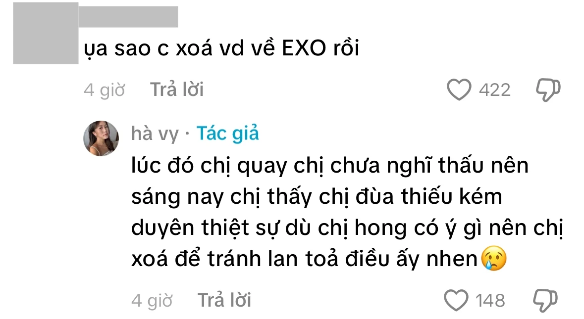 Phản ứng của Hà Vy khi cư dân mạng hỏi lý do xóa clip. Ảnh chụp màn hình.