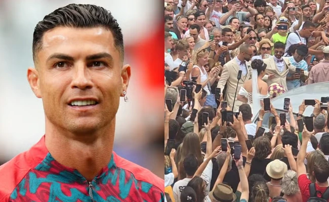 Ronaldo bật cười trước cảnh một đám cưới bị 2.000 người náo loạn vì nhầm tưởng cô dâu chú rể là Georgina và Ronaldo - Hình 1