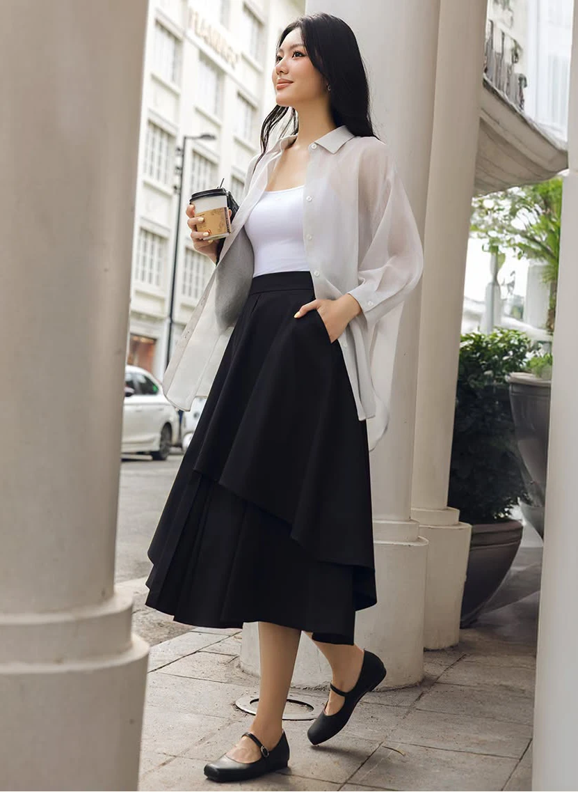 Phong cách tối giản với áo sơ mi, quần ống rộng và chân váy chữ A - Hình 9